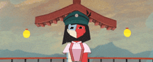 a cartoon of a girl wearing a green hat and a pink dress