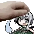 a hand is touching a cartoon girl 's head with a sword .