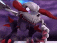 a skeleton monster with red horns and teeth is standing in a dark room .