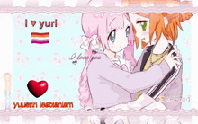 a drawing of a girl hugging another girl with yuri written on the bottom right