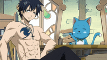 a shirtless anime character sitting next to a cat