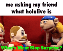 two stuffed animals are sitting on a red couch talking to each other with the caption " me asking my friend what hololive is
