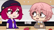 two cartoon characters are sitting at a table and one has a pencil in his hand
