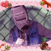 randy de irroba is holding a hammer and a cell phone on his head