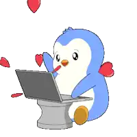 a penguin is using a laptop with hearts flying around him
