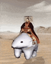 a man riding a polar bear in the desert