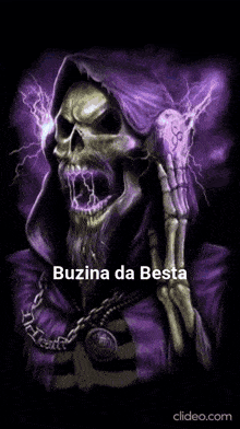 a grim reaper in a purple robe with the words buzina da besta on the bottom