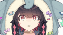 a close up of a girl 's face surrounded by candy and badges