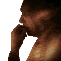 a close up of a man 's face with his hand on his mouth