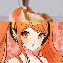 a cartoon of a girl with orange hair and headphones on