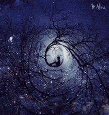 a painting of a person sitting on a crescent moon surrounded by trees