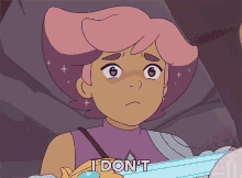 a cartoon girl with pink hair says i don t