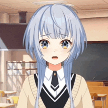 a girl with long white hair and blue eyes is wearing a sweater vest and tie
