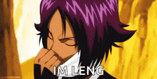 a person with purple hair is covering their nose with their hand and says `` im leng '' .
