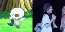 a cartoon of an otter next to a picture of a girl holding a microphone