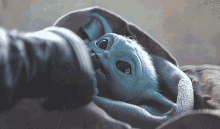 a baby yoda is being held by a person and looking at the camera