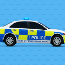 a blue and yellow police car with river city traffic enforcement on the side