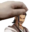 a pixel art of a hand putting a hat on a man .