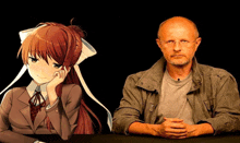 a man and a girl are sitting at a table with a black background