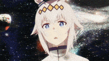 a girl with white hair and blue eyes is looking up at the stars