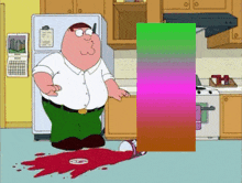 peter griffin from family guy is standing in a kitchen next to a fridge