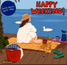 a woman is sitting on a blanket by the water with a cat and a duck in the background