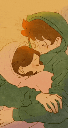a drawing of two people hugging each other with one wearing a green hoodie