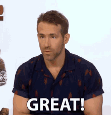 a man in a blue shirt says " great "