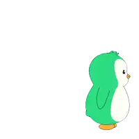 a green and white penguin with a yellow beak is flying in the air