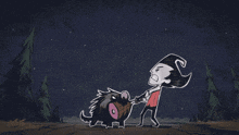 a cartoon drawing of a man holding a bone next to a dog