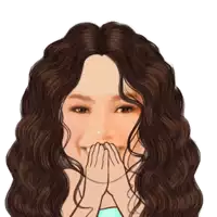 a cartoon drawing of a woman with curly hair covering her mouth with her hands