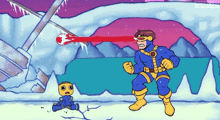 a cartoon of cyclops shooting a red ray at a small robot