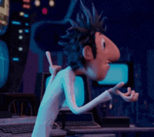 a cartoon character with a big nose is standing in front of a computer monitor
