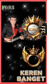 a man playing a guitar in front of a king logo