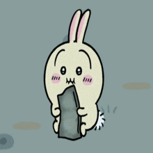 a cartoon rabbit is holding a piece of paper with its mouth open