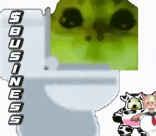 a cartoon of a cow and a cat standing next to a toilet with the words sbusiness written on it