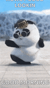 a panda bear wearing a hat , sunglasses and a chain is dancing on a sidewalk .