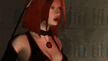 a woman with red hair is wearing a choker and a necklace with a red pendant