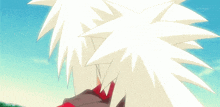 a close up of a cartoon character with white hair and a blue sky in the background