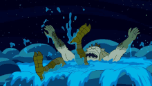 a cartoon of a monster laying in the water with a crown on his head