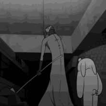 a black and white drawing of a man holding a stick and a rabbit