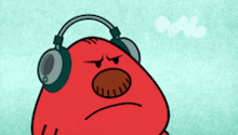 a red cartoon character is wearing headphones and making a funny face