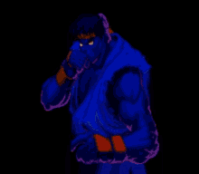 a pixel art drawing of a man with his hands outstretched in front of his face