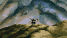 a cartoon of a man standing on top of a hill