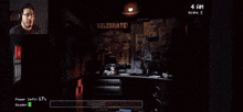 a video game screen shows a dog and a man in the background