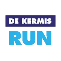 a logo for de kermis run in blue and white