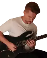 a man in a white shirt is playing a black electric guitar