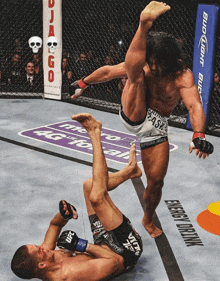a fighter with the number 24 on his shorts kicks another fighter in the air