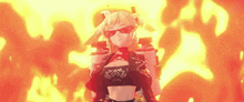 a girl with sunglasses is standing in front of a fire