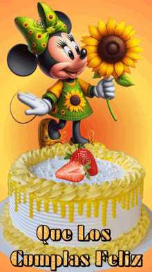 a cartoon of minnie mouse holding a sunflower on top of a birthday cake that says que los cumplas feliz